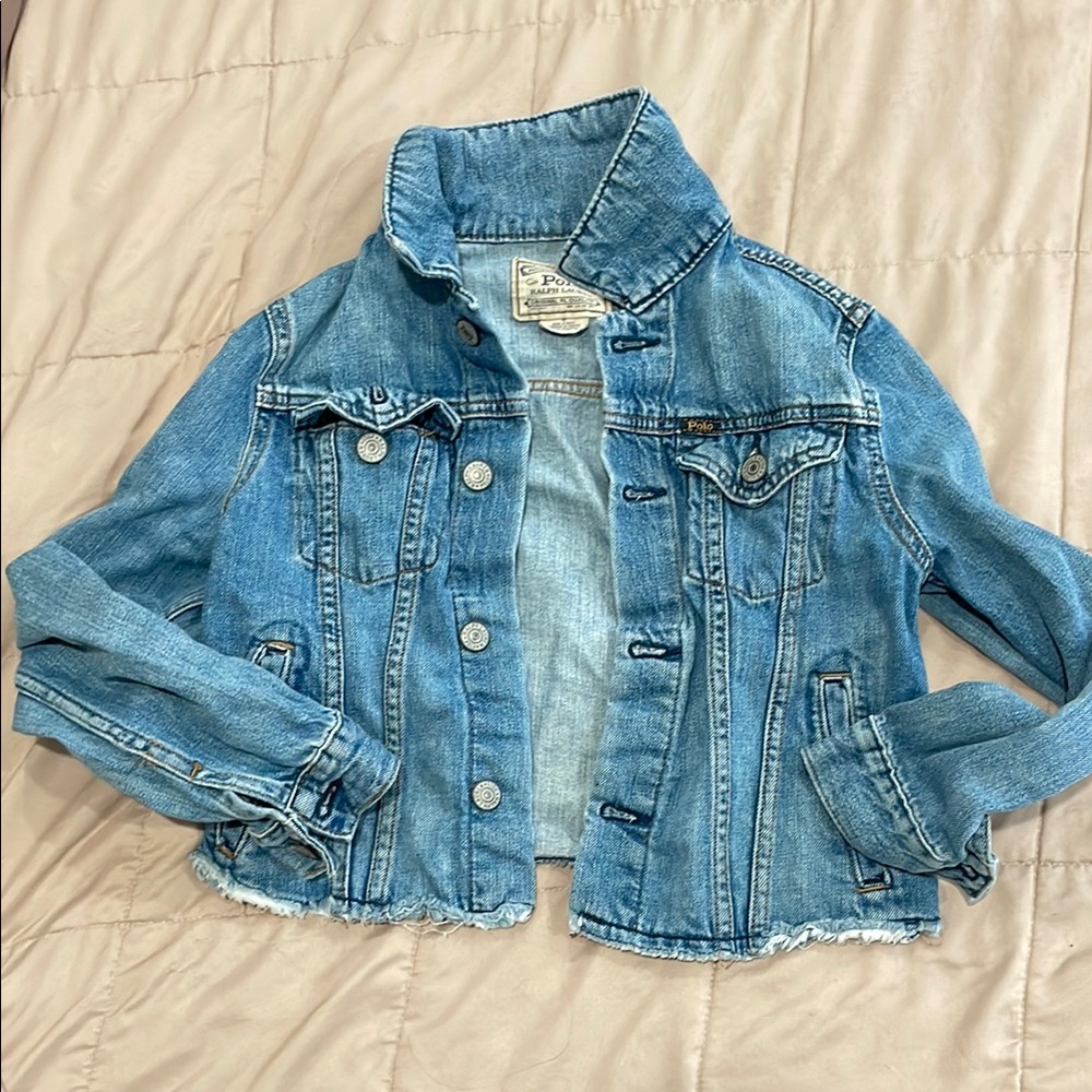 Polo Ralph Lauren Girls' Cropped Logo Spellout Raw Hem Denim Jacket